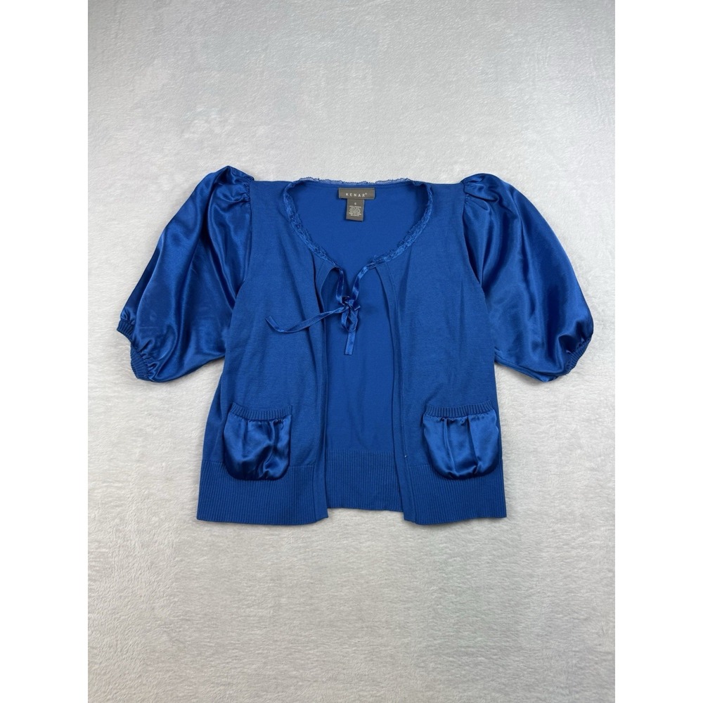 Kenar Cardigan Women S Blue Silk Tasseled 3/4 Sleeve Pockets Round Neck Top